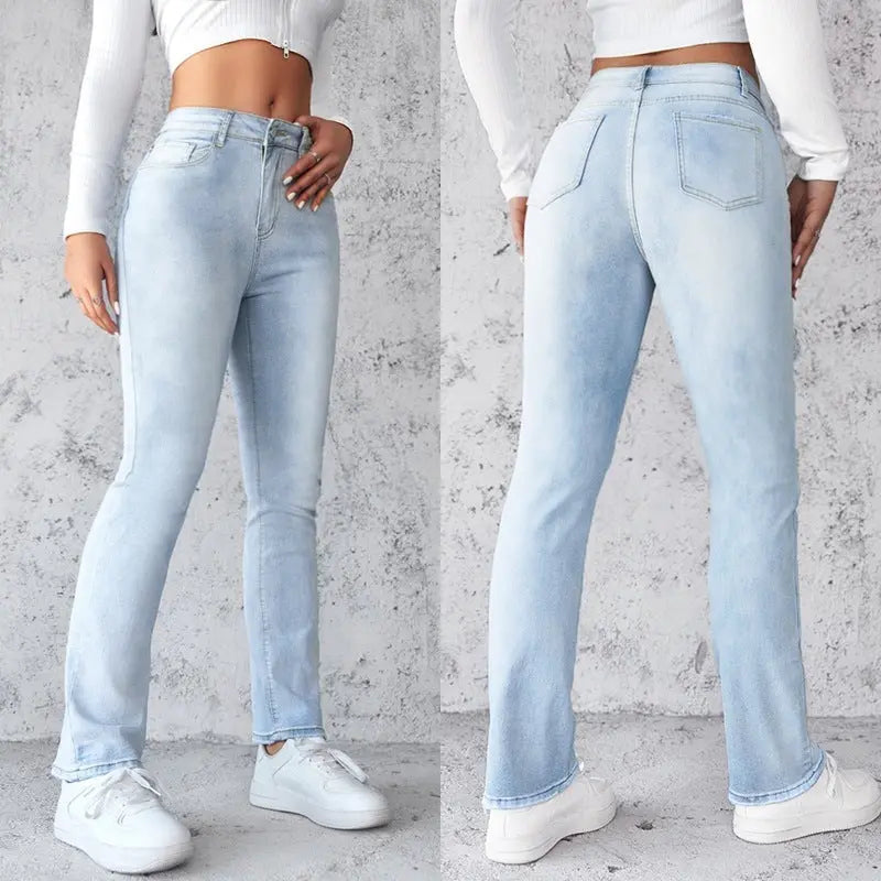 Women's Straight Leg Slim Fit Jeans, Fashionable And Simple Light Blue Pants Nipaaj