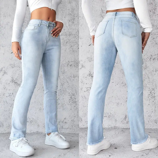 Women's Straight Leg Slim Fit Jeans, Fashionable And Simple Light Blue Pants Nipaaj
