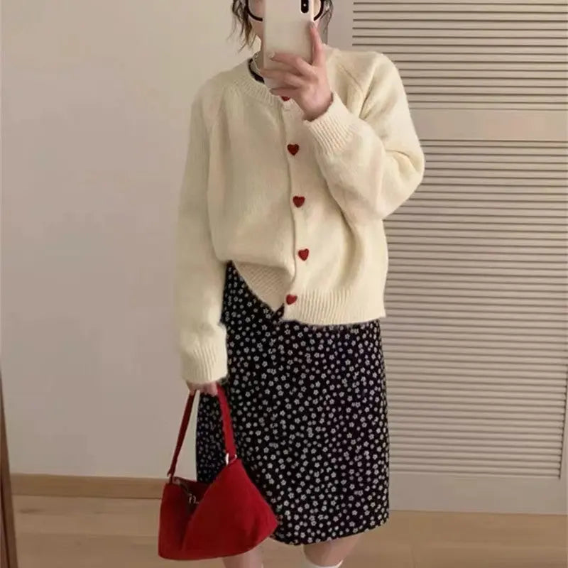 Round Neck All-matching Design Love Girl Buckle Knitted Cardigan Sweater Coat For Women Nipaaj