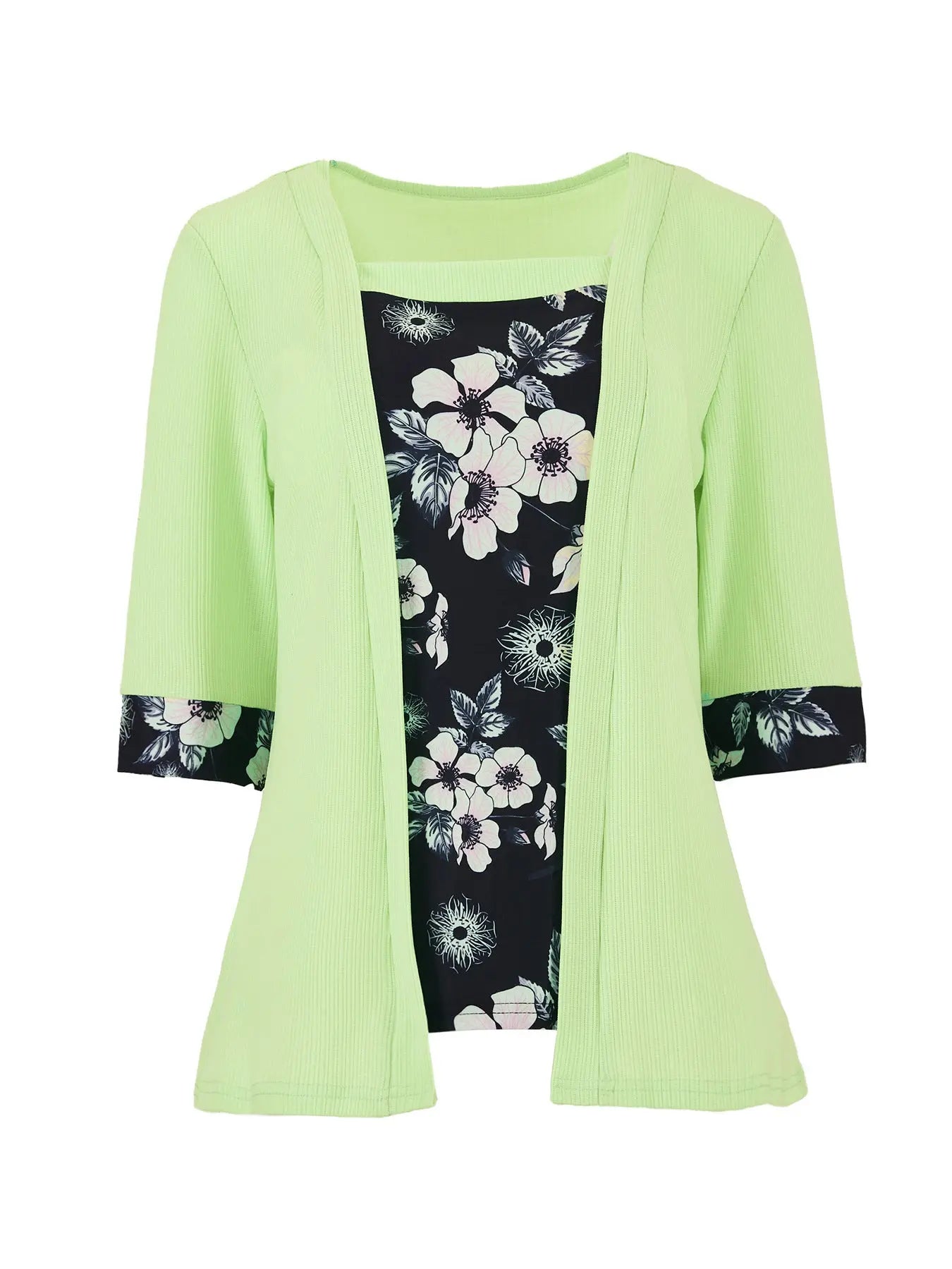 Women's Fake Two-piece Five-quarter Sleeve Printed Top T-shirt Nipaaj