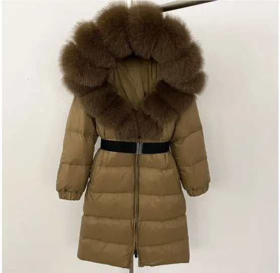 Women's Long Cinched Hoodie Real Fox Fur Collar Coat null