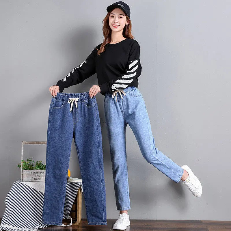 Korean Style Women's Straight Casual Elastic Waist Tied High Waist Student Jeans Nipaaj