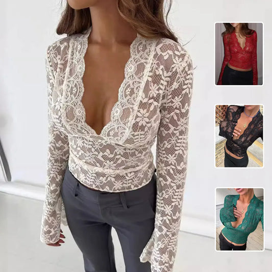 Flowers Lace Long Sleeve Top Y2K Fashion Slim Bottoming Shirt Top Women's Clothing Nipaaj