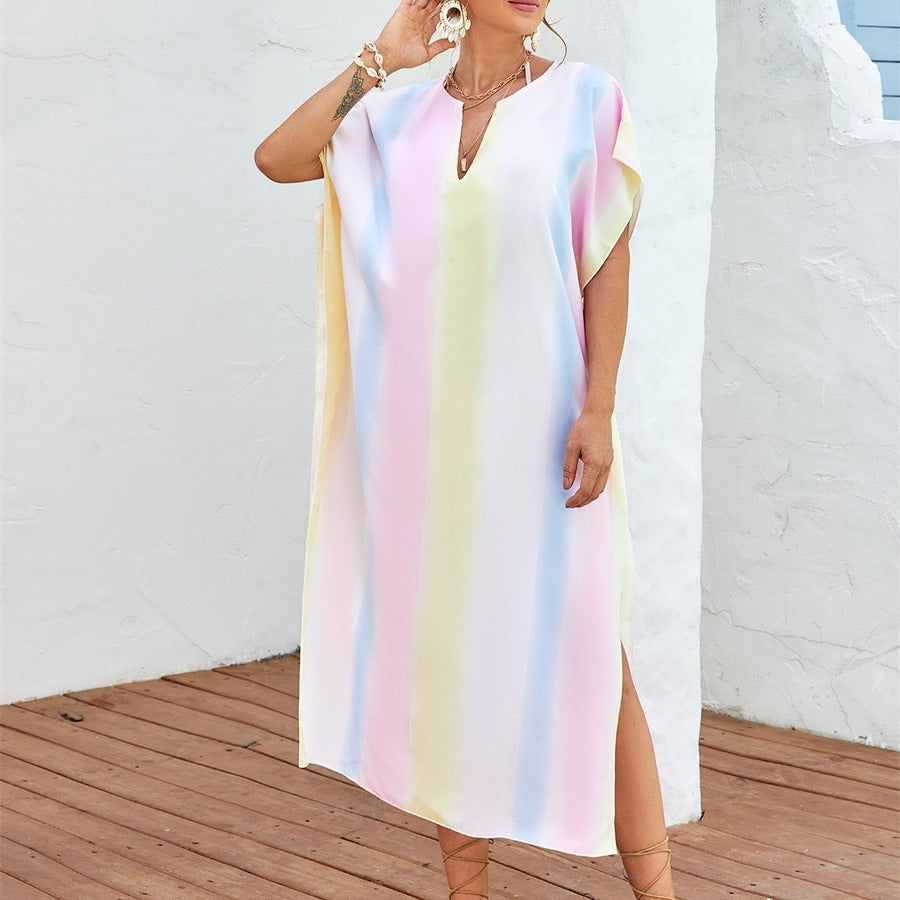 Beach Cover-up Rainbow Color Long Slit V-neck
