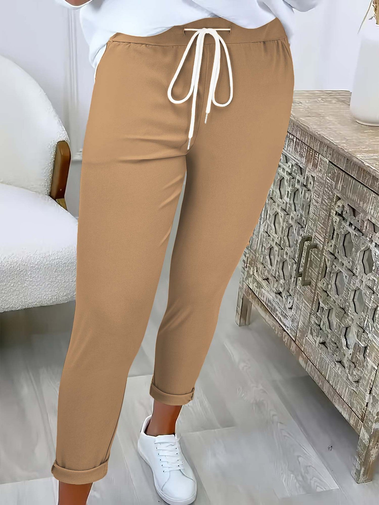 Women's Solid Color Versatile Casual Trousers With Belt And Slim Cuffs