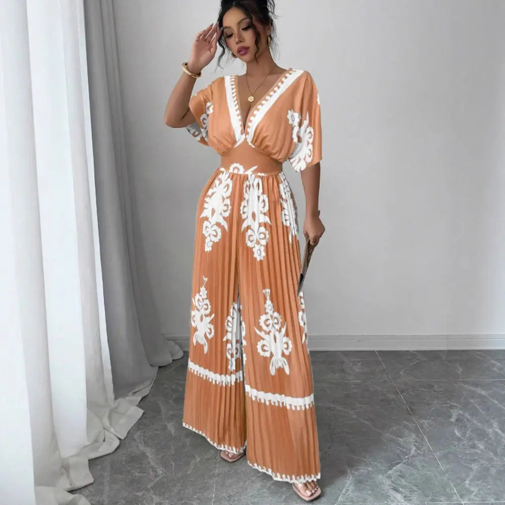 Casual Printed Loose Short-sleeved Jumpsuit Nipaaj