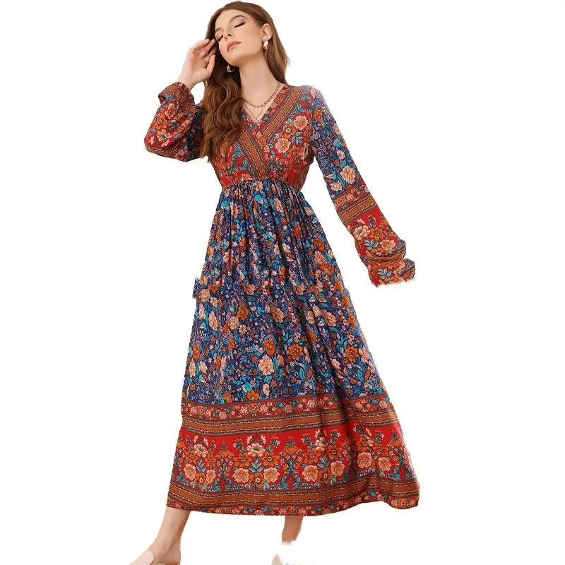 Rayon Long Sleeve Bohemian Dress Vacation Beach Large Swing Dress Nipaaj