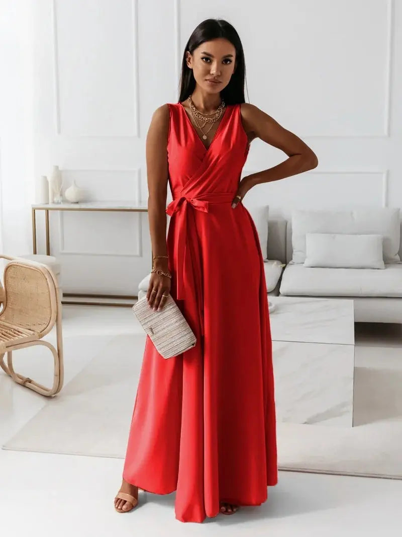 V-neck Sleeveless Dress With Belt Summer Fashion Party Club Evening Maxi Dresses For Women Clothing null