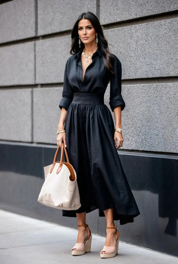 V-neck Tight Waist Long Dress Women null