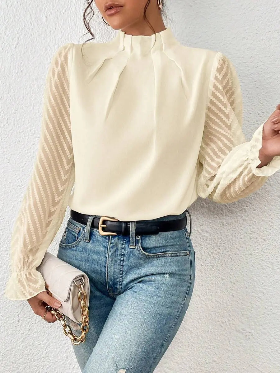 Women's Half-turtleneck Stitching Wavy Chiffon Long-sleeved Top Nipaaj