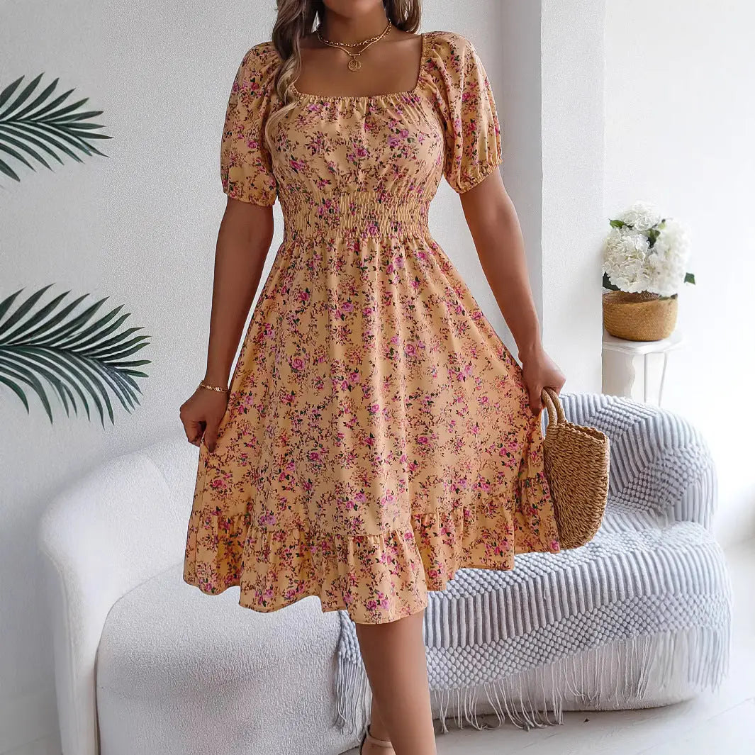 Floral Print Square Collar Dress Summer Fashion Ruffles Dresses Women's Clothing null