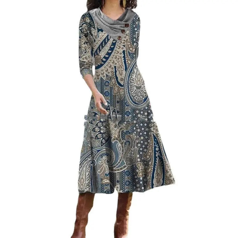 Overlapping Collar Mid-length Printed Dress null