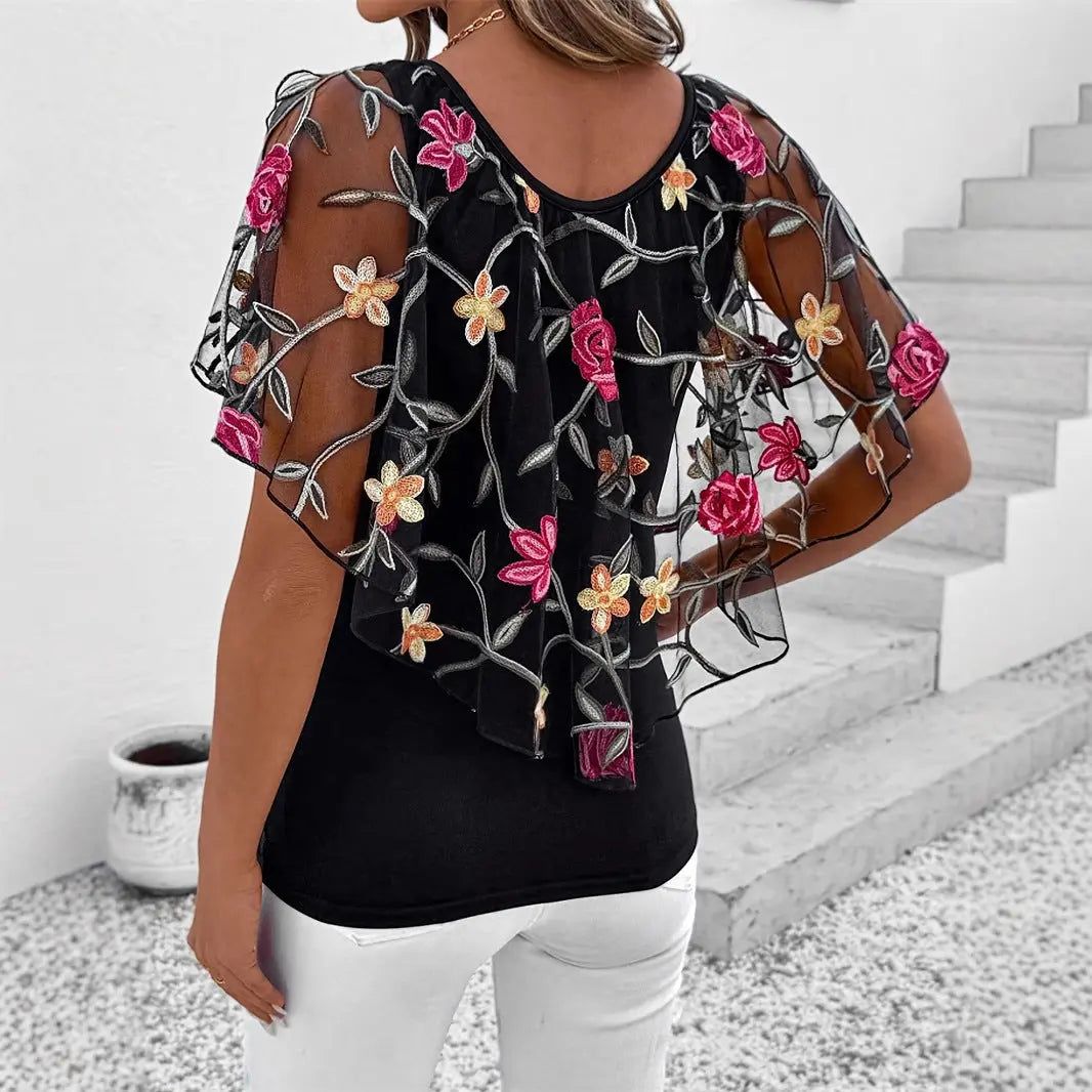 Women's Fashion Top Mesh Stitching Short Sleeve null
