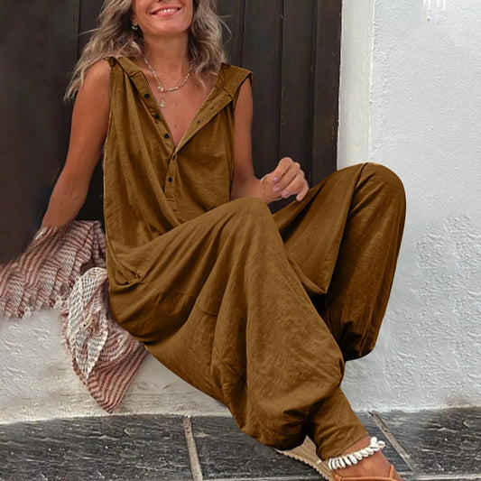 Hot Selling Button Up Hooded Sleeveless Pants In Stock, Jumpsuit With Pockets null