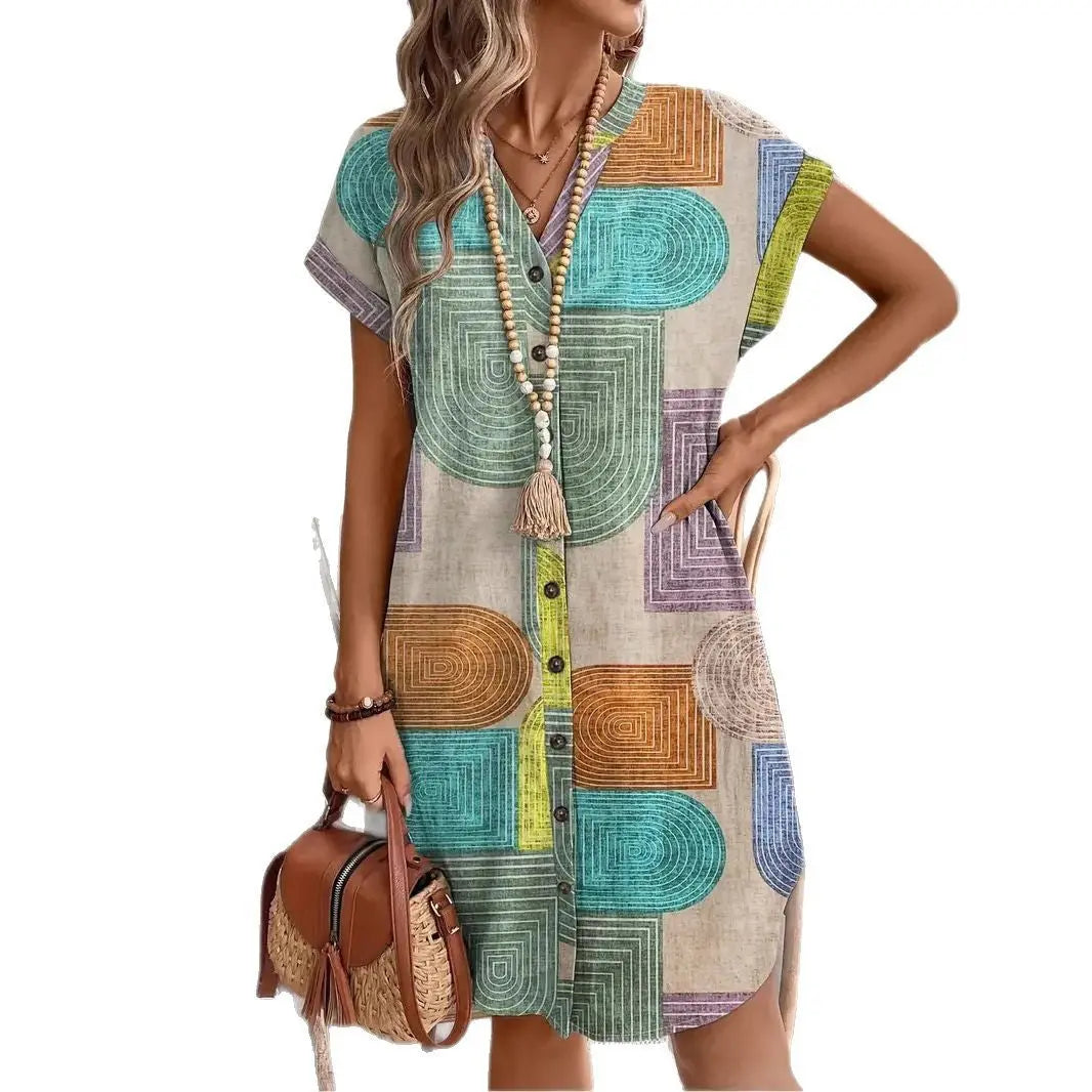 Printed Woven Elegant V-neck Button Dress null