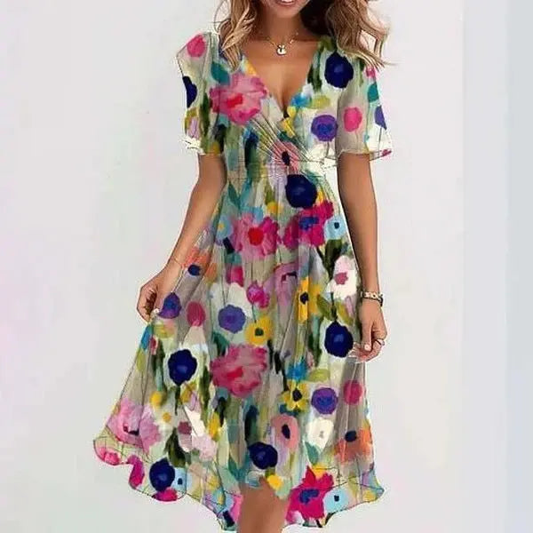 Chiffon Printed Short Sleeve Dress Summer Elegant V-neck Dresses Womens Clothing null