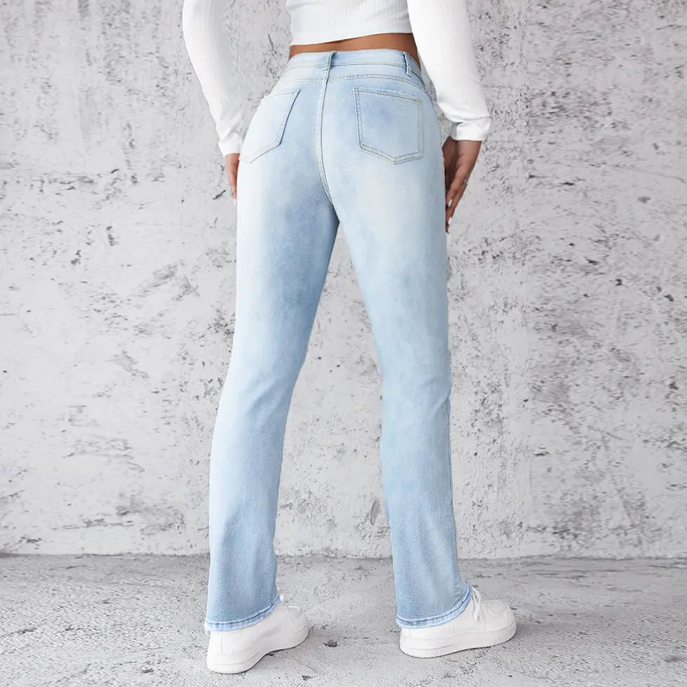 Women's Straight Leg Slim Fit Jeans, Fashionable And Simple Light Blue Pants Nipaaj