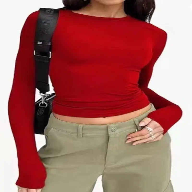 Women's Clothing Fashion Slim Long-sleeved Pullovers Tops Solid Causal Fit Shirts null