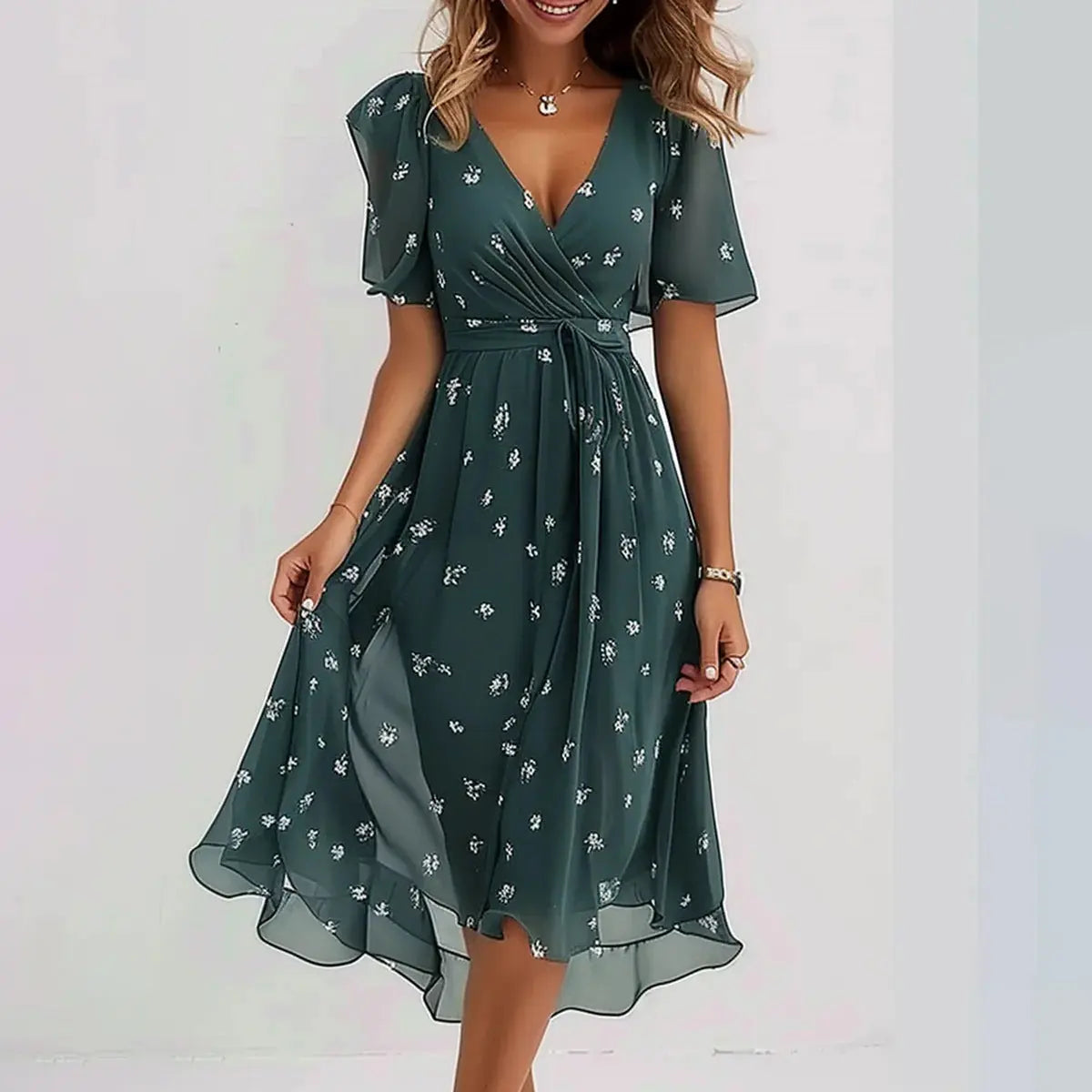 Chiffon Printed Short Sleeve Dress Summer Elegant V-neck Dresses Womens Clothing null
