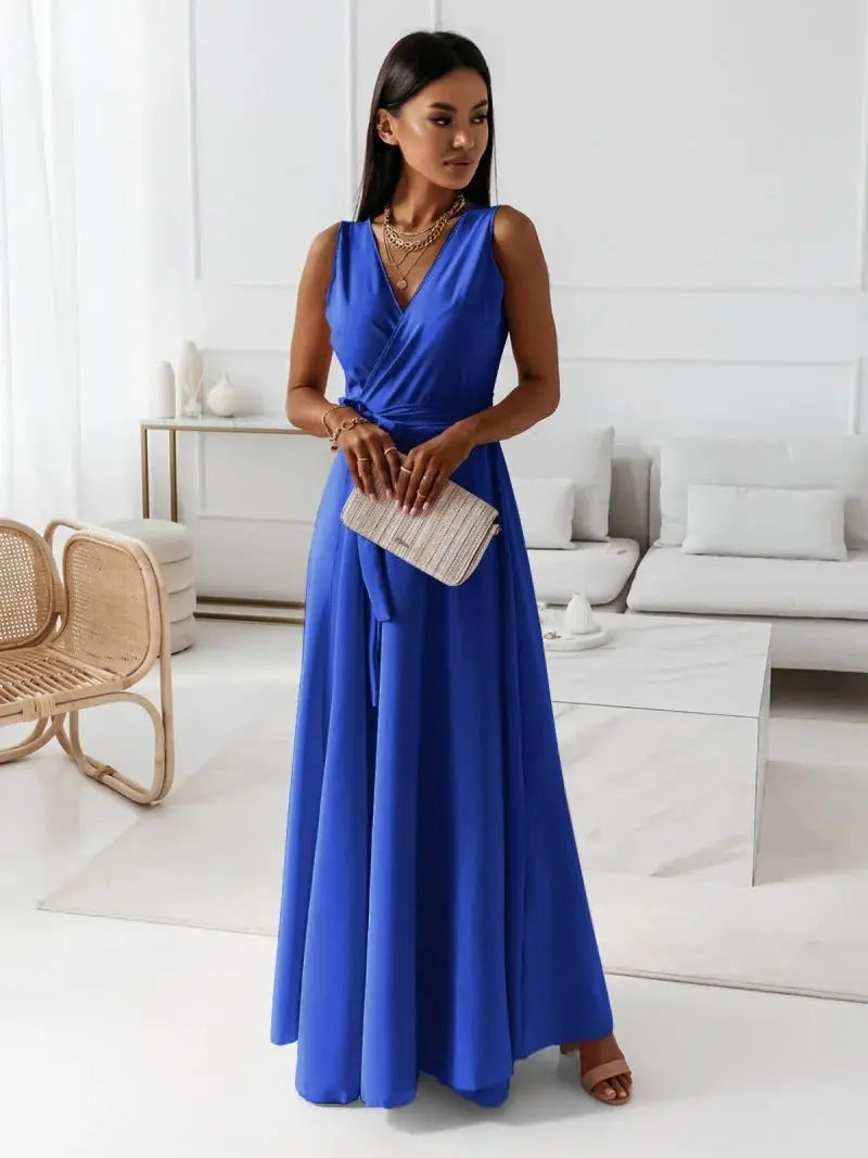 V-neck Sleeveless Dress With Belt Summer Fashion Party Club Evening Maxi Dresses For Women Clothing null