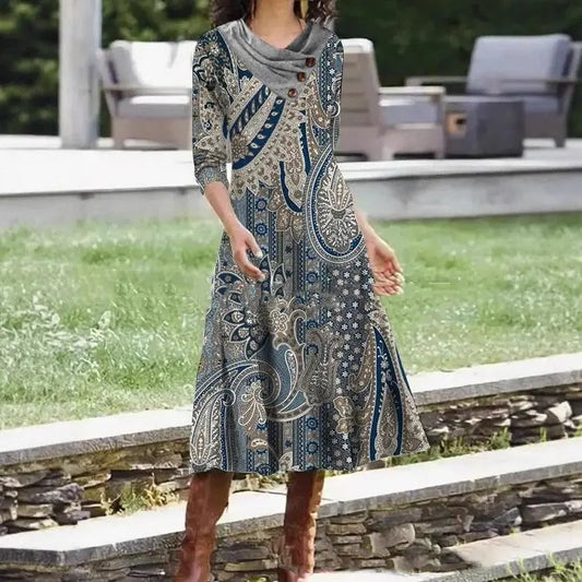 Overlapping Collar Mid-length Printed Dress null
