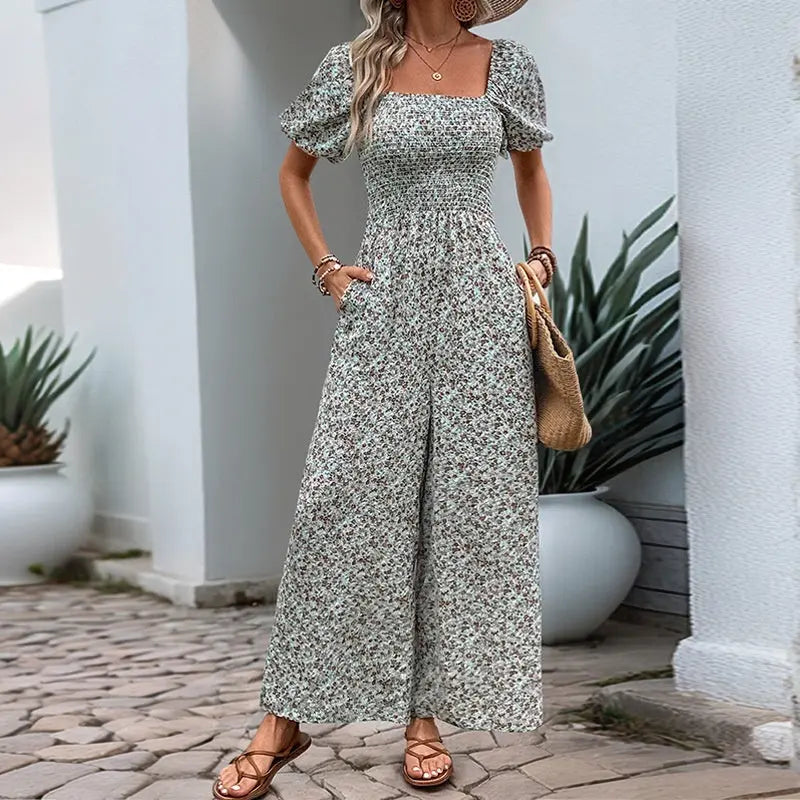 Square Collar Puff Sleeve Vacation Style Floral Jumpsuit null