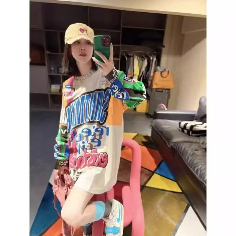 Graffiti Printing Design Round Neck Long Sleeve T-shirt null