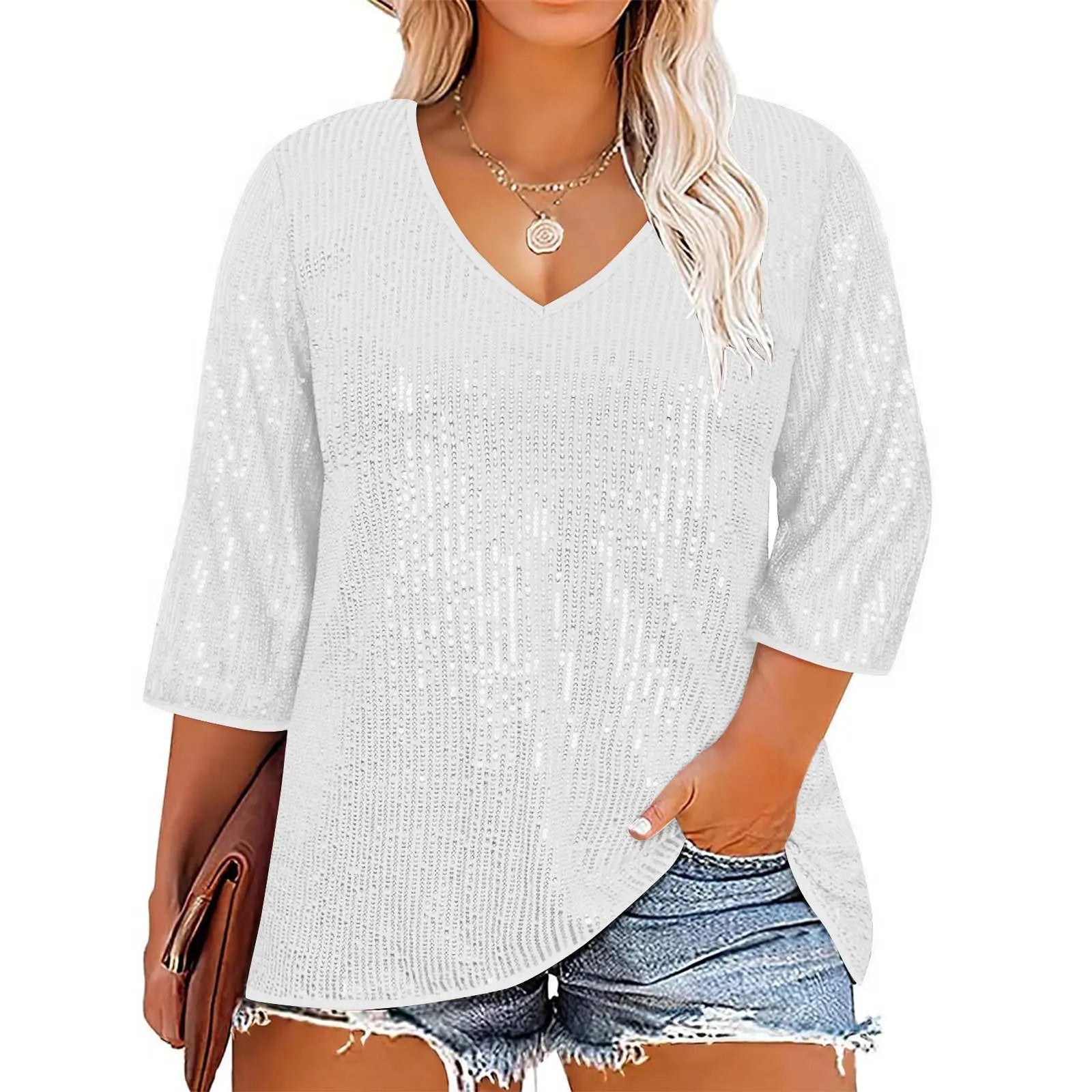 European And American Autumn And Winter Loose Top Retro Sequin Casual V-neck Sequined T-shirt For Women null