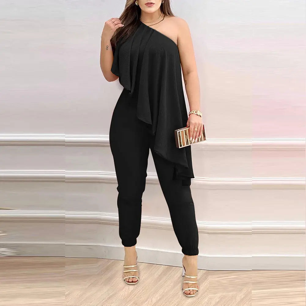 Printed One-shoulder Ruffled Jumpsuit null