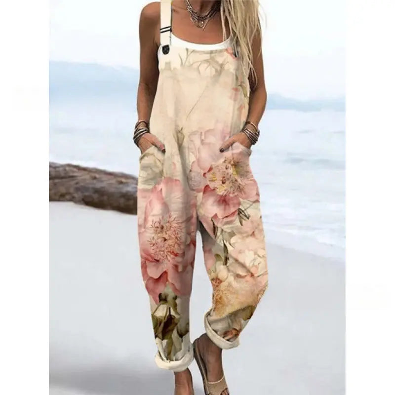 Women's Summer Digital Printing Button Casual Suspender Trousers null