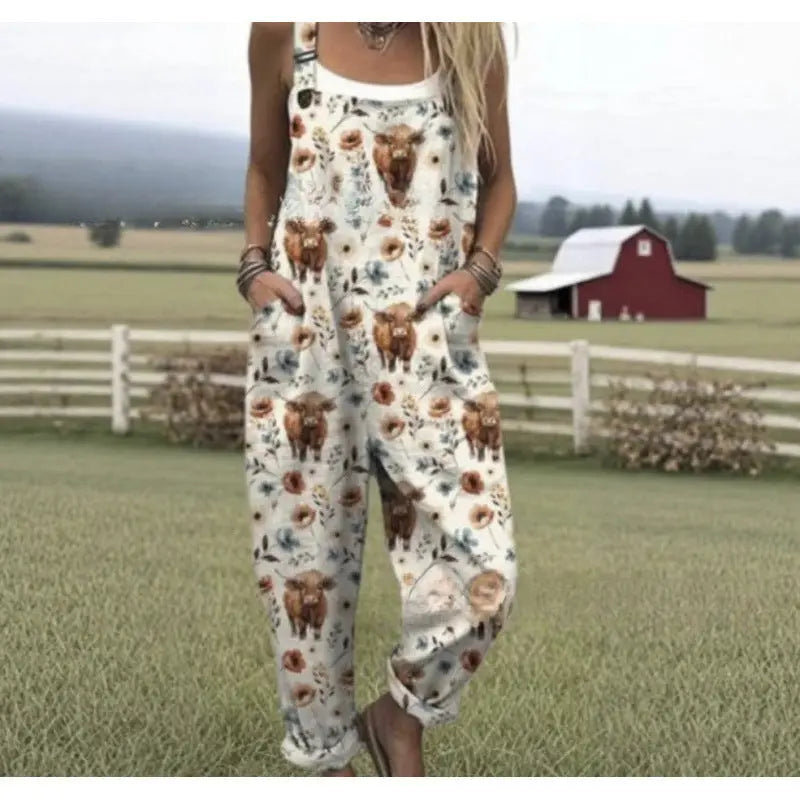 Women's Summer Digital Printing Button Casual Suspender Trousers null
