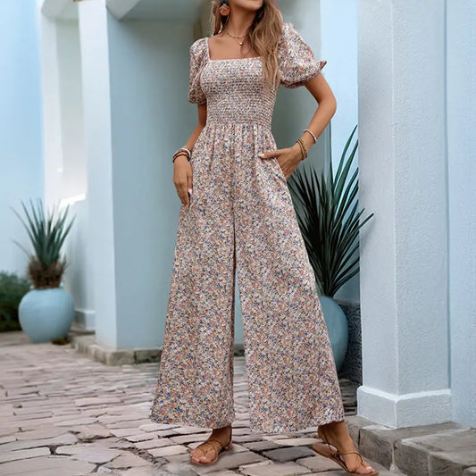 Square Collar Puff Sleeve Vacation Style Floral Jumpsuit null