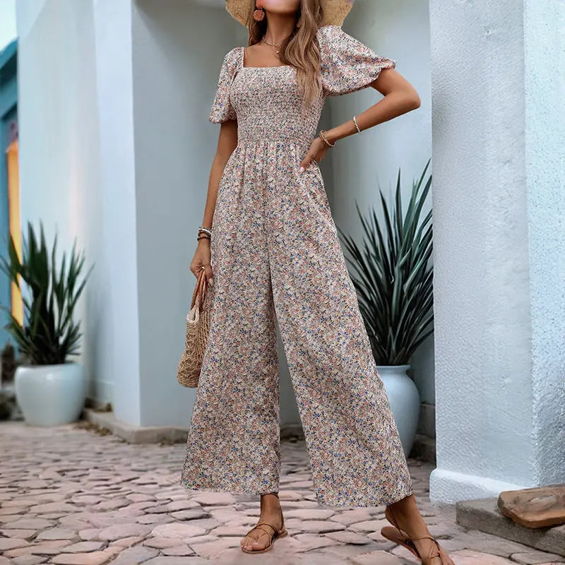 Square Collar Puff Sleeve Vacation Style Floral Jumpsuit null