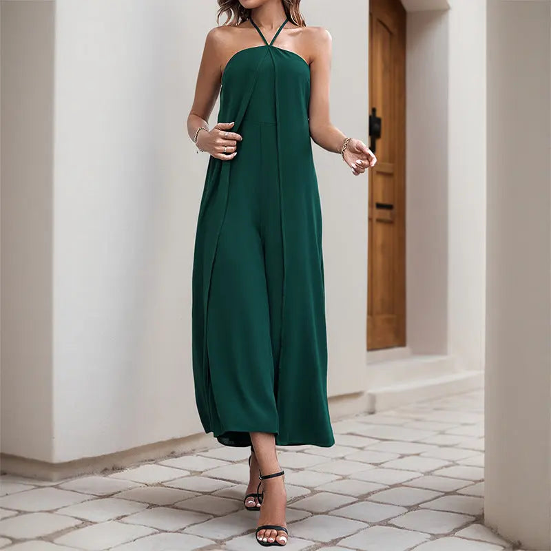 Vacation Casual Solid Color Long Halter Jumpsuit Nipaaj