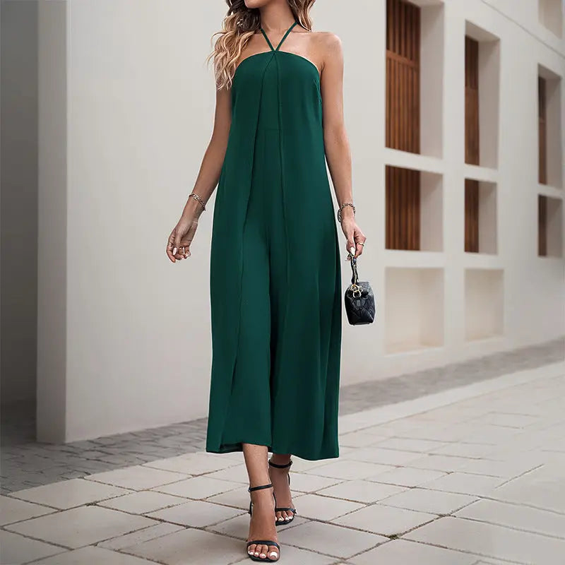 Vacation Casual Solid Color Long Halter Jumpsuit Nipaaj