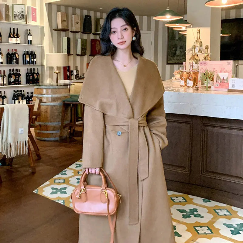 Women's Large Lapel Pure Color Tied Warm Reversible Woolen Coat null