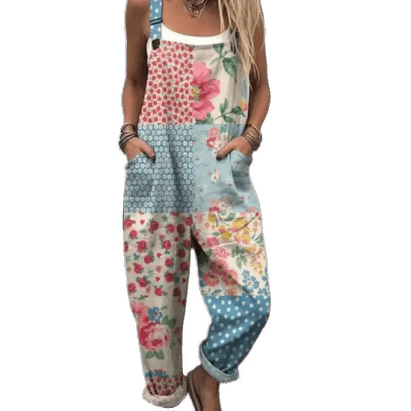 Women's Summer Digital Printing Button Casual Suspender Trousers null