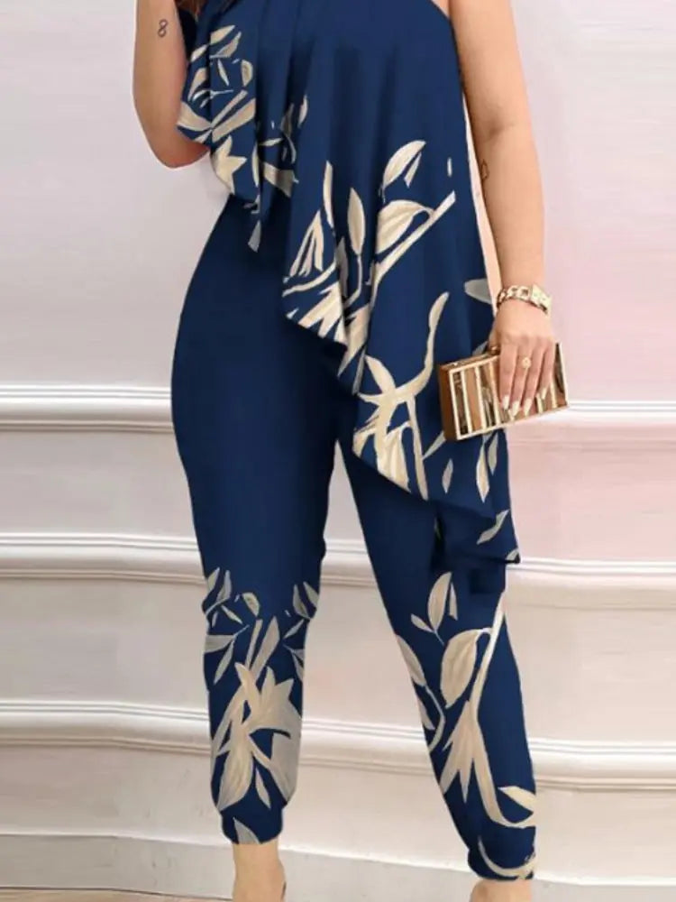 Printed One-shoulder Ruffled Jumpsuit null