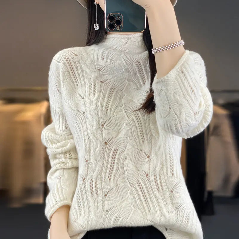 Autumn And Winter New Half High Collar Pullover Solid Color Hollow Sweater Nipaaj
