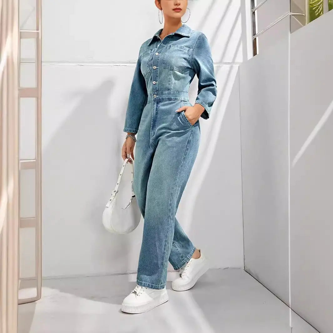 Women's Slim-fit Long-sleeved Denim Jumpsuit Nipaaj