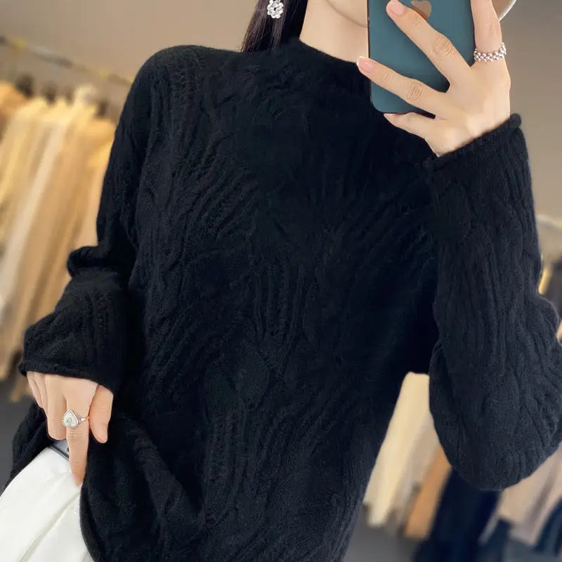Autumn And Winter New Half High Collar Pullover Solid Color Hollow Sweater Nipaaj