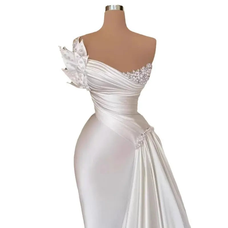 White Graceful Satin Simple Lightweight Wedding Dress Long Dress Nipaaj
