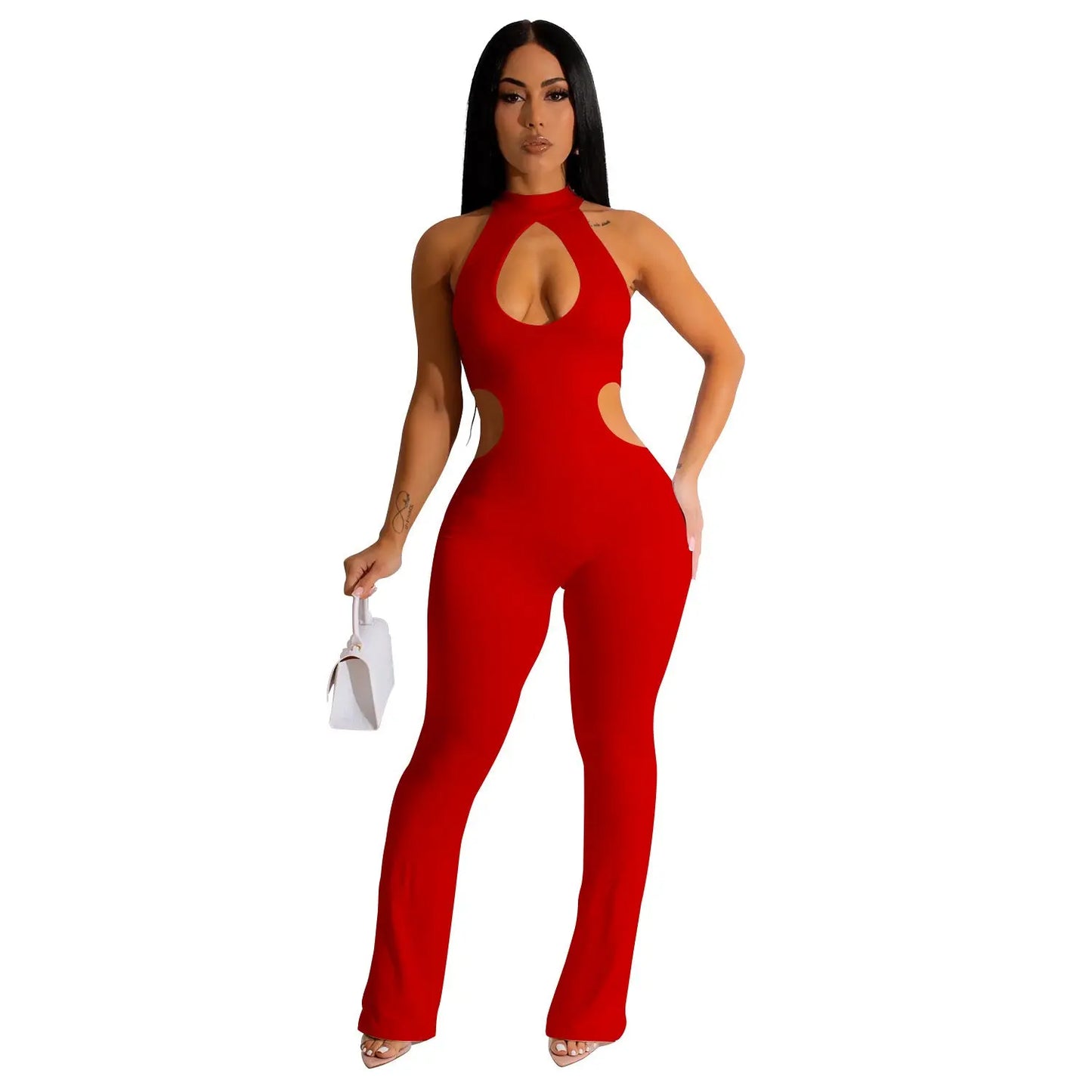 Women's Solid Color Sexy Halter Hollow-out Jumpsuit null