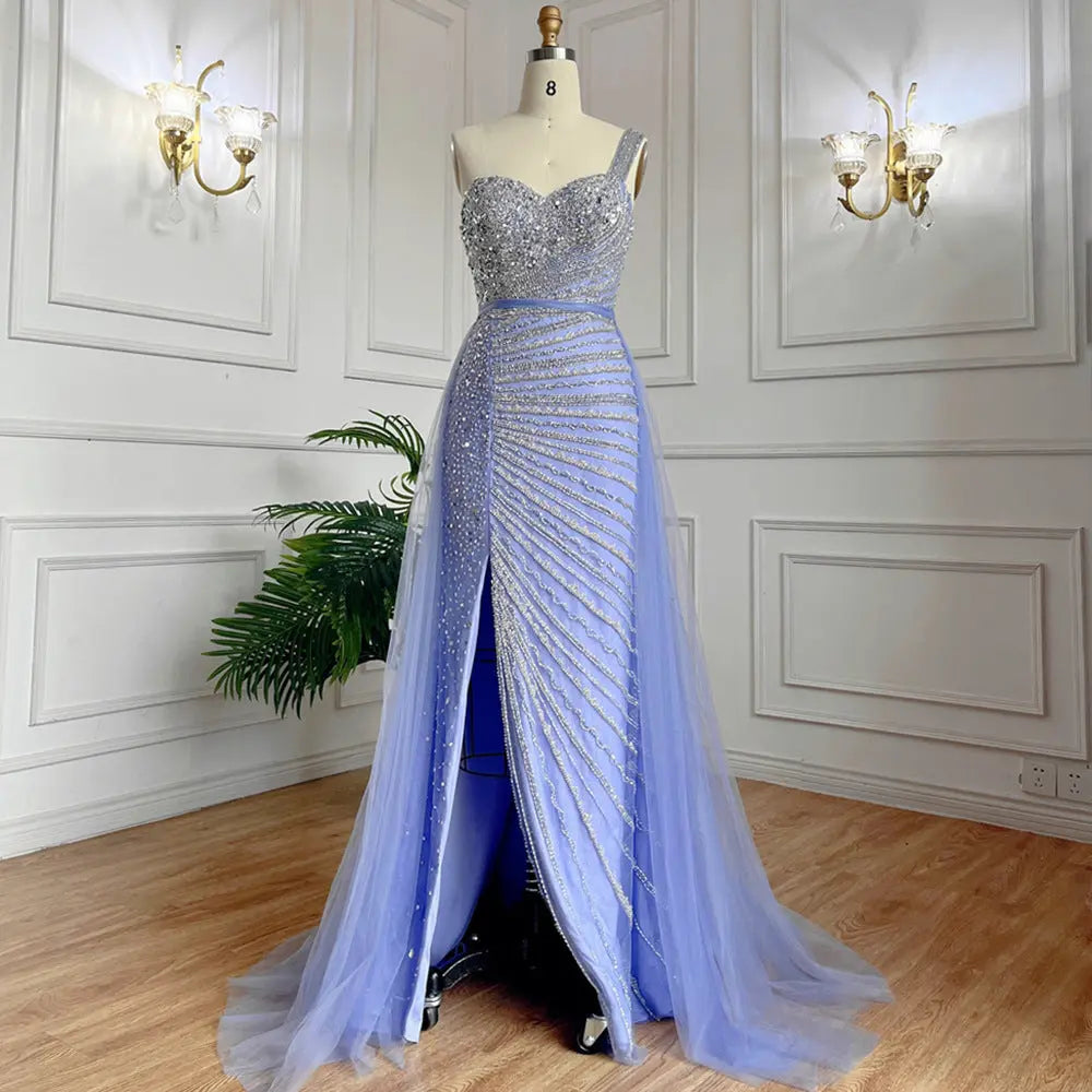 Blue Handmade Beaded Split Shoulder Fishtail Dress Nipaaj