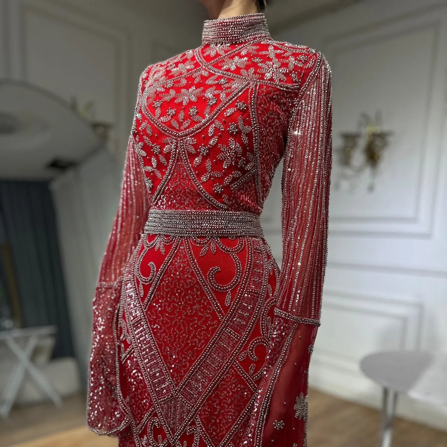 Red High Collar Fishtail Evening Long Dress Nipaaj