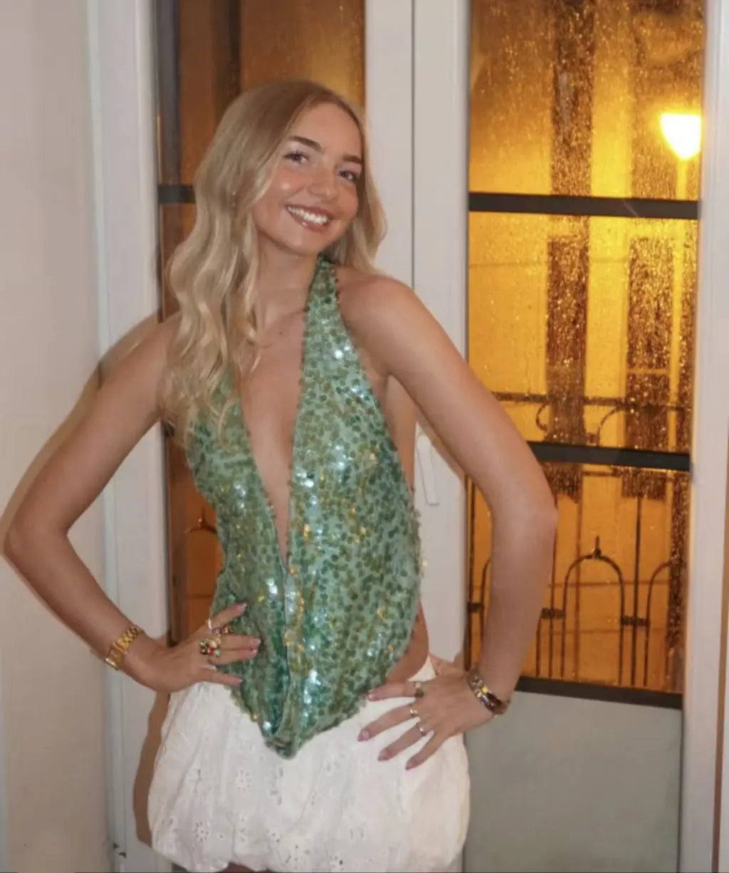 Deep V Sequins Halter Spaghetti Straps Backless Vacation Style null