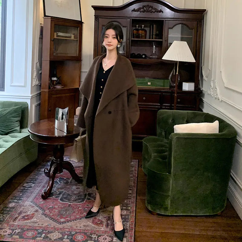 Women's Large Lapel Pure Color Tied Warm Reversible Woolen Coat null
