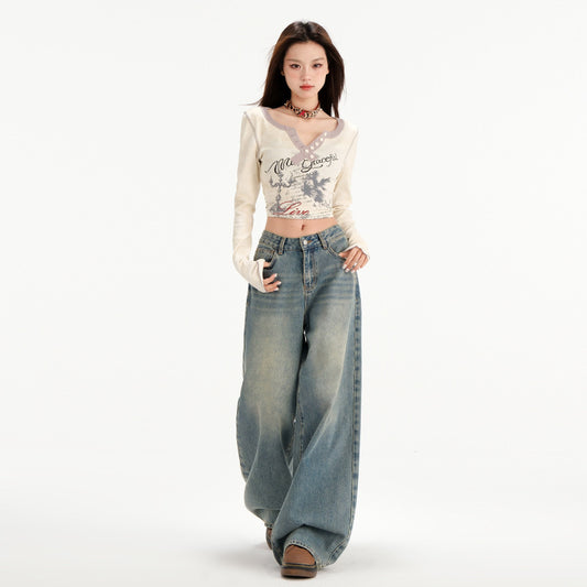Retro Straight All-matching Loose Drooping Wide Leg Jeans