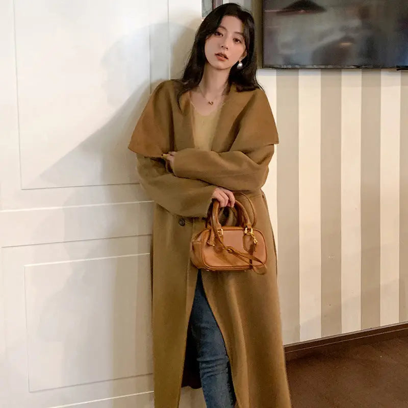 Women's Large Lapel Pure Color Tied Warm Reversible Woolen Coat null