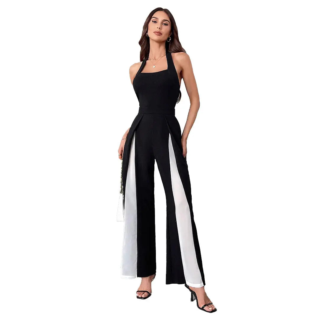 Black And White Color Matching Straight Halter Jumpsuit null